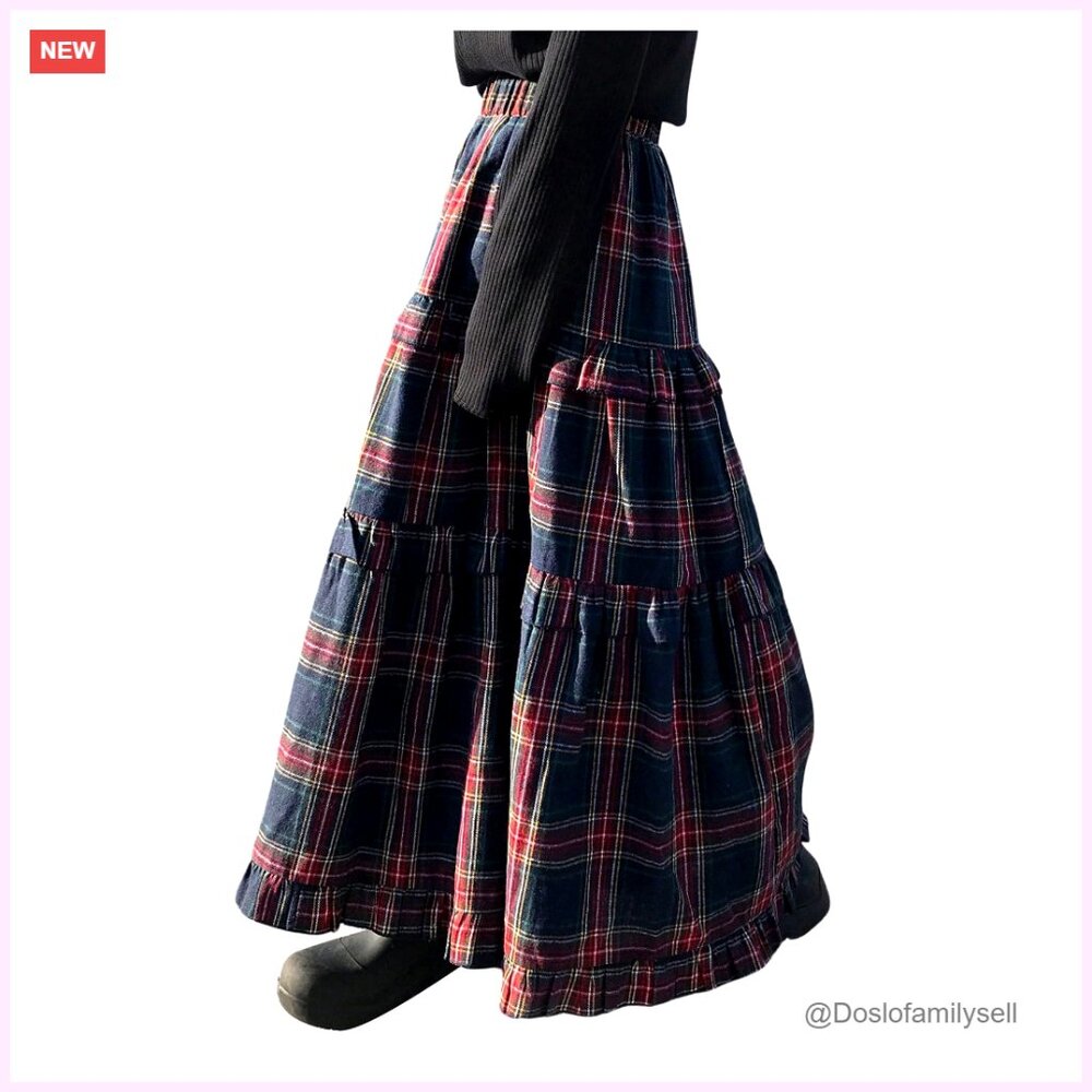 Plaid Maxi Skirt Elastic Waist Tiered Ruffle A-Line Flowy Long